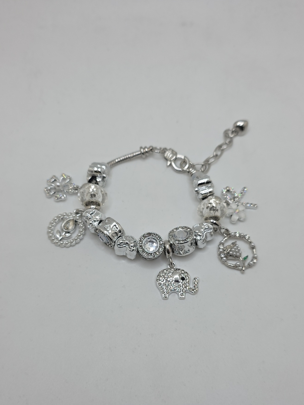 Silver Elephant Charm Bracelet with Crystal Accents